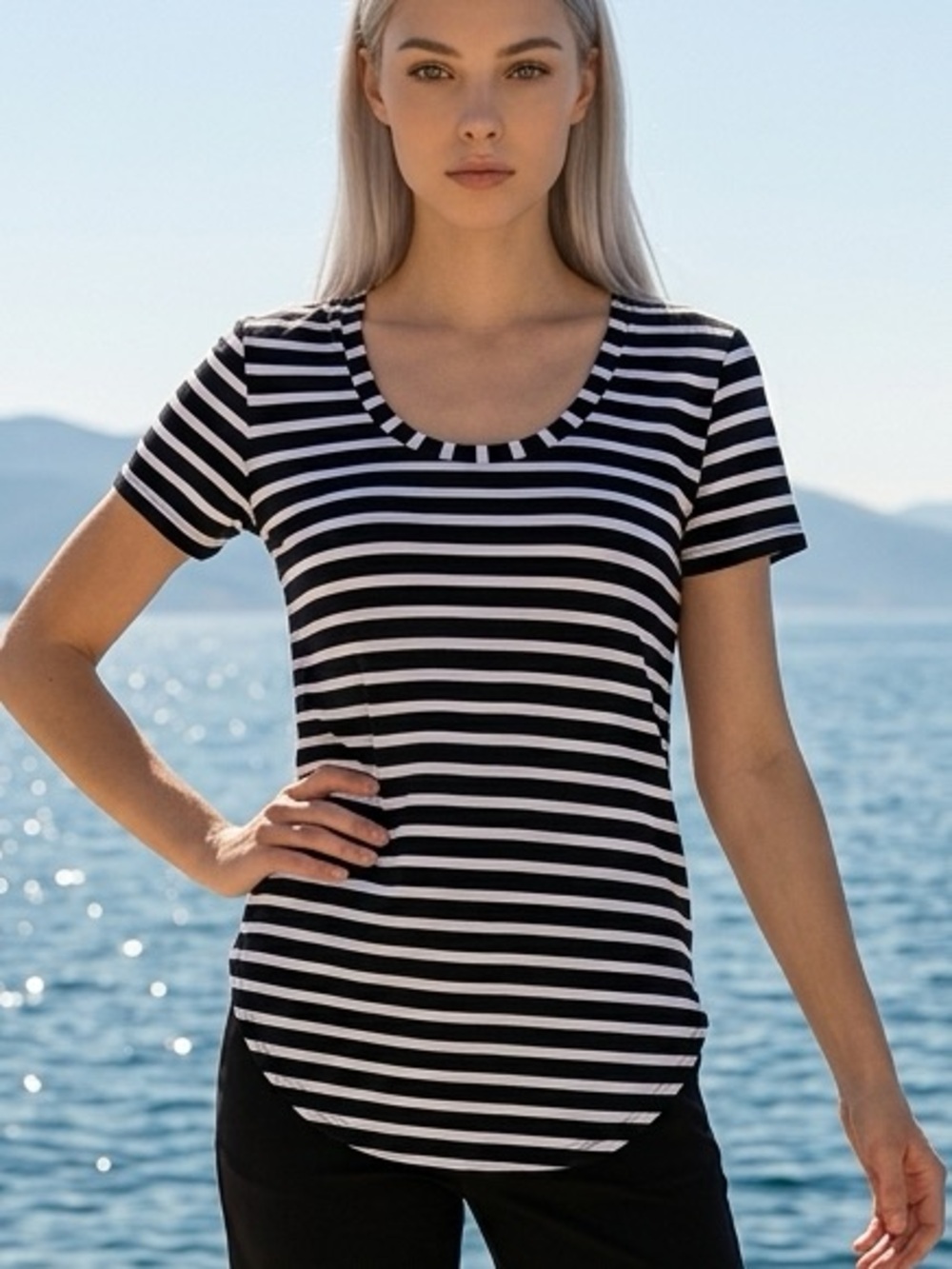 Joseph Ribkoff Black & White Striped Short Sleeve Scoop Neck Top - Size 8 NWT
